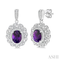 7X5 MM Oval Cut Amethyst and 1/20 ctw Round Cut Diamond Semi Precious Earring in Sterling Silver