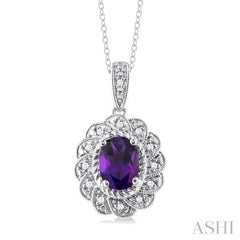 8X6 MM Oval Cut Amethyst and 1/20 ctw Round Cut Diamond Semi Precious Pendant With Chain in Sterling Silver