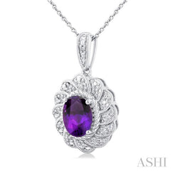 8X6 MM Oval Cut Amethyst and 1/20 ctw Round Cut Diamond Semi Precious Pendant With Chain in Sterling Silver