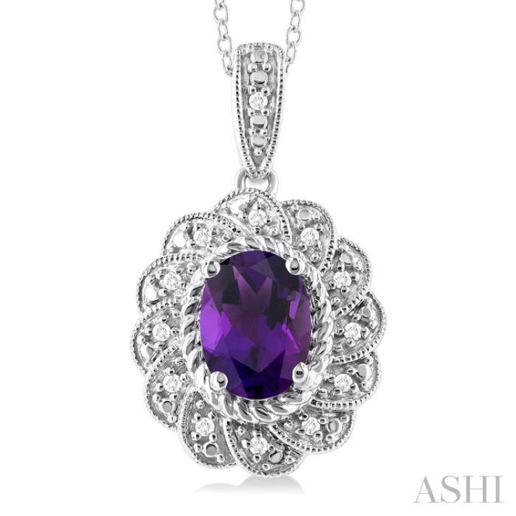 8X6 MM Oval Cut Amethyst and 1/20 ctw Round Cut Diamond Semi Precious Pendant With Chain in Sterling Silver