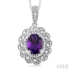 8X6 MM Oval Cut Amethyst and 1/20 ctw Round Cut Diamond Semi Precious Pendant With Chain in Sterling Silver