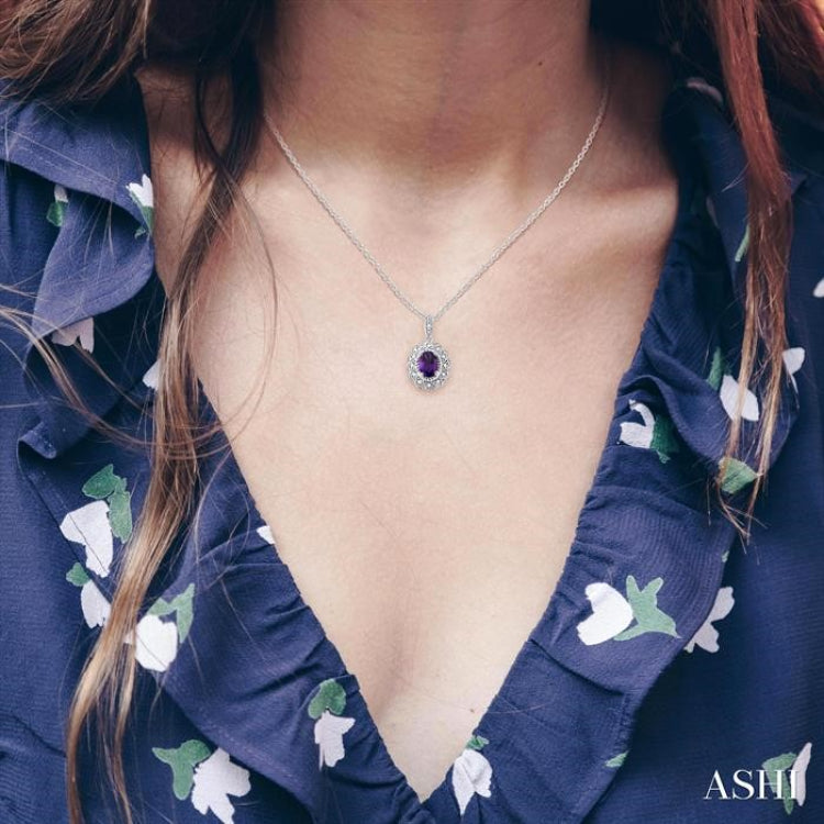 8X6 MM Oval Cut Amethyst and 1/20 ctw Round Cut Diamond Semi Precious Pendant With Chain in Sterling Silver