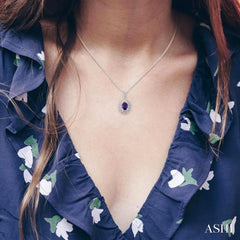 8X6 MM Oval Cut Amethyst and 1/20 ctw Round Cut Diamond Semi Precious Pendant With Chain in Sterling Silver