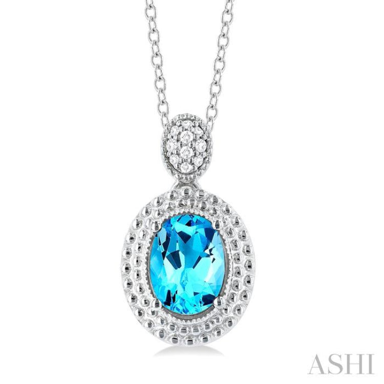 8X6 MM Oval Cut Blue Topaz and 1/20 ctw Round Cut Diamond Semi Precious Pendant With Chain in Sterling Silver