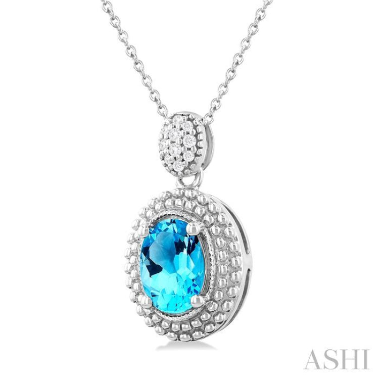 8X6 MM Oval Cut Blue Topaz and 1/20 ctw Round Cut Diamond Semi Precious Pendant With Chain in Sterling Silver