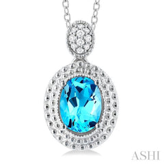 8X6 MM Oval Cut Blue Topaz and 1/20 ctw Round Cut Diamond Semi Precious Pendant With Chain in Sterling Silver