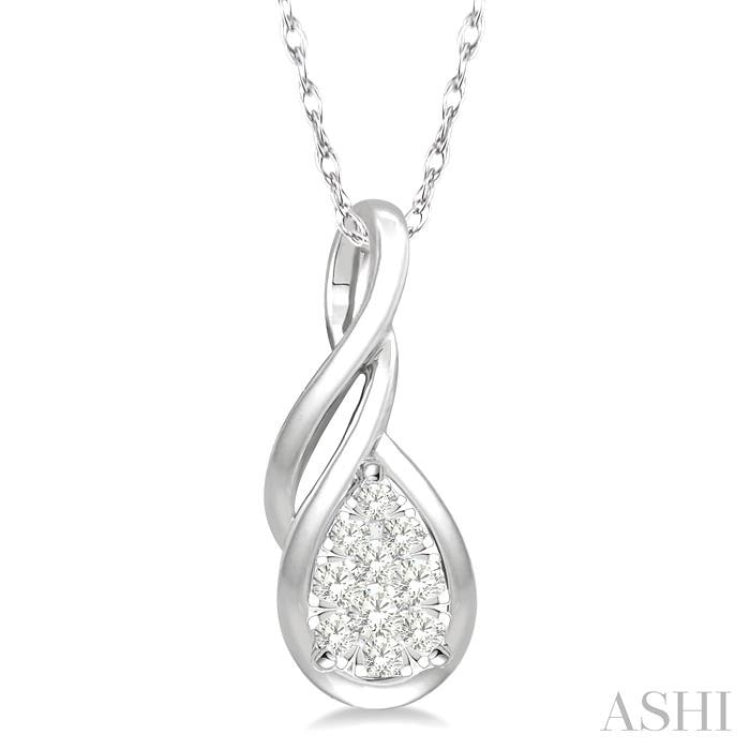 1/8 ctw Pear Shape Lovebright Entwined Wire Round Cut Diamond Pendant With Link Chain in 14K White Gold