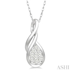 1/8 ctw Pear Shape Lovebright Entwined Wire Round Cut Diamond Pendant With Link Chain in 14K White Gold