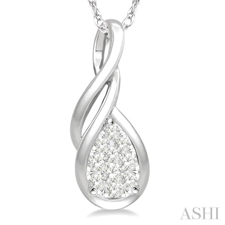 1/8 ctw Pear Shape Lovebright Entwined Wire Round Cut Diamond Pendant With Link Chain in 14K White Gold