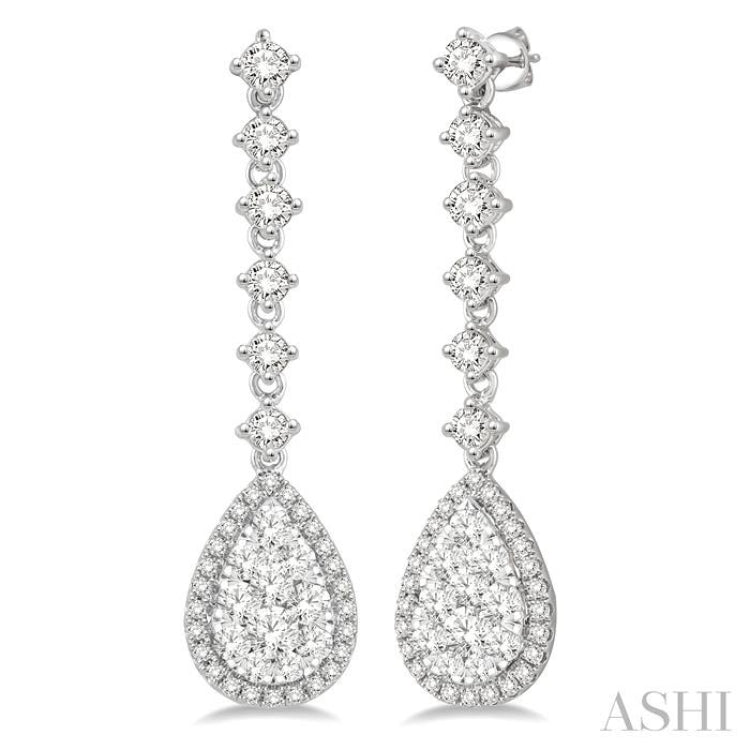 1 ctw Pear Shape Dangler Round Cut Diamond Lovebright Earrings in 14K White Gold