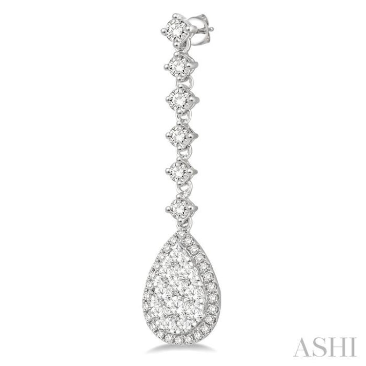 1 ctw Pear Shape Dangler Round Cut Diamond Lovebright Earrings in 14K White Gold