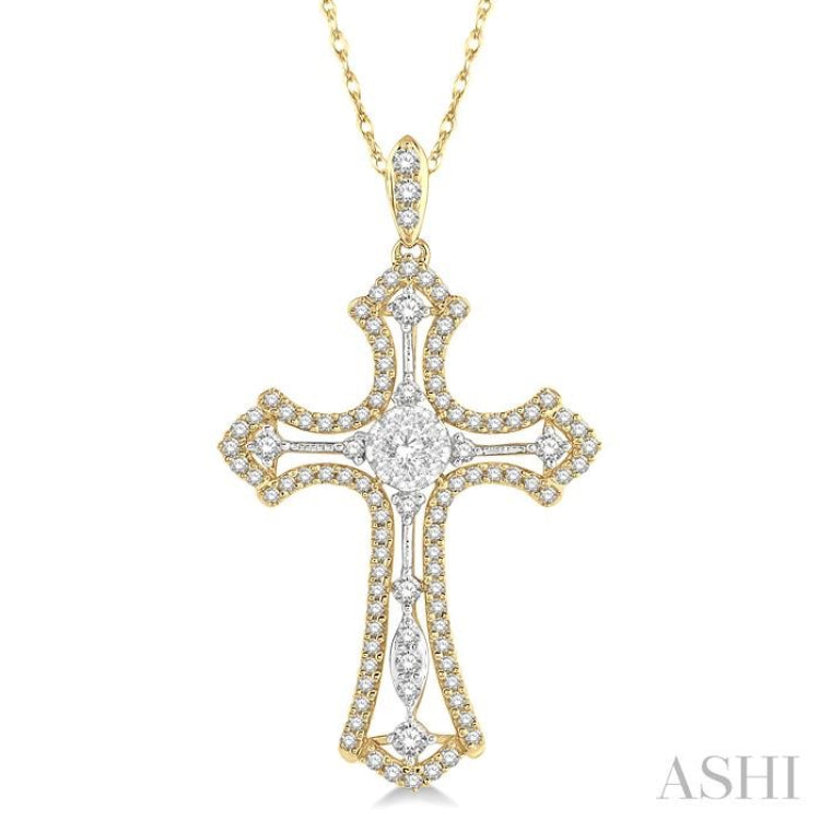 3/4 ctw Lovebright Round Cut Diamond Cross Pendant in 14K Yellow and White Gold with chain