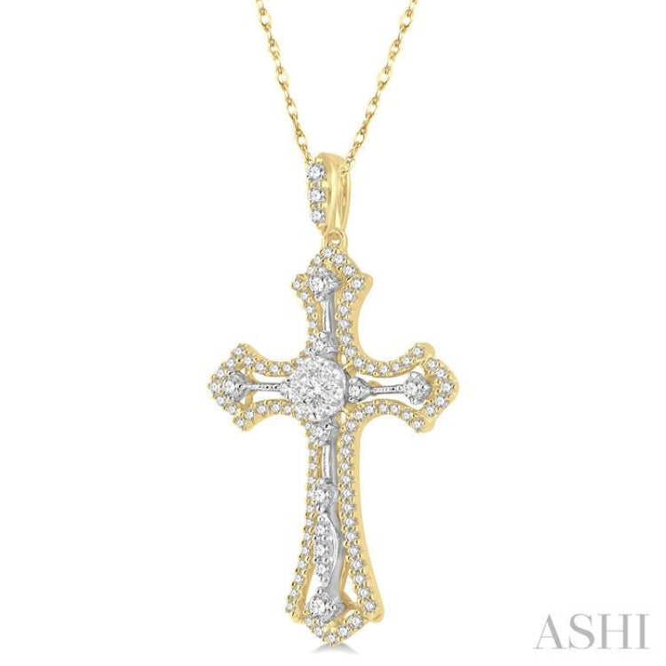 3/4 ctw Lovebright Round Cut Diamond Cross Pendant in 14K Yellow and White Gold with chain