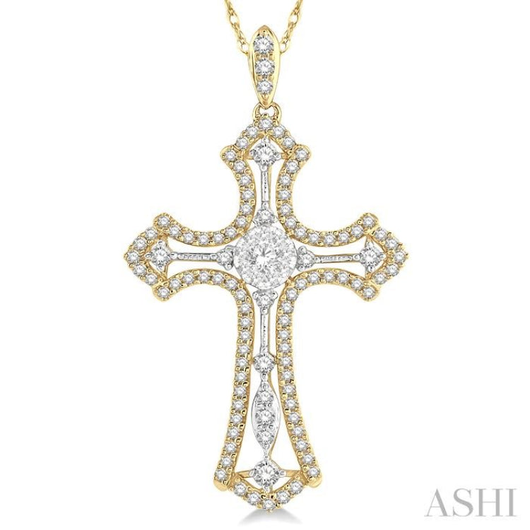 3/4 ctw Lovebright Round Cut Diamond Cross Pendant in 14K Yellow and White Gold with chain