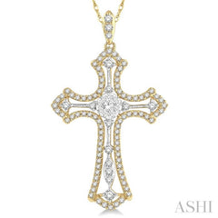 3/4 ctw Lovebright Round Cut Diamond Cross Pendant in 14K Yellow and White Gold with chain