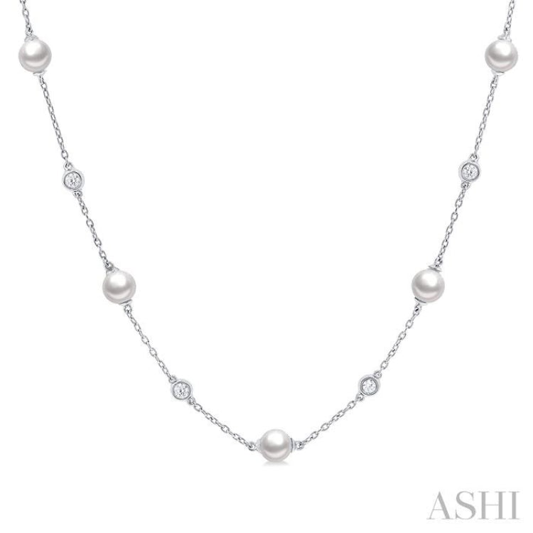 5 MM Round Shape Cultured Pearls and 1/4 ctw Round Cut Diamond Station Necklace in 14K White Gold