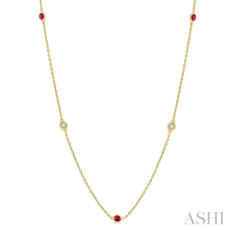 1.75 MM Ruby and 1/6 ctw Round Cut Diamond Precious Station Necklace in 14K Yellow Gold