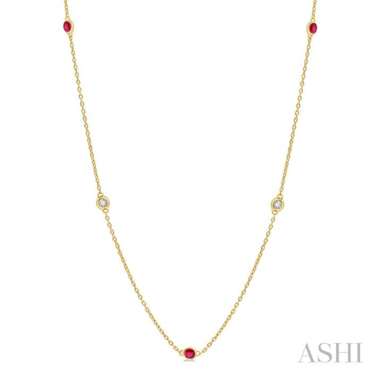 2.25 MM Ruby and 1/4 ctw Round Cut Diamond Precious Station Necklace in 14K Yellow Gold