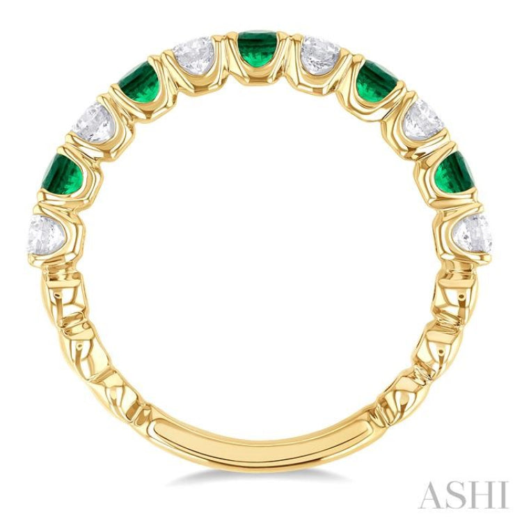 2.85 MM Emerald and 1/2 ctw Round Cut Diamond Precious Wedding Band in 14K Yellow Gold