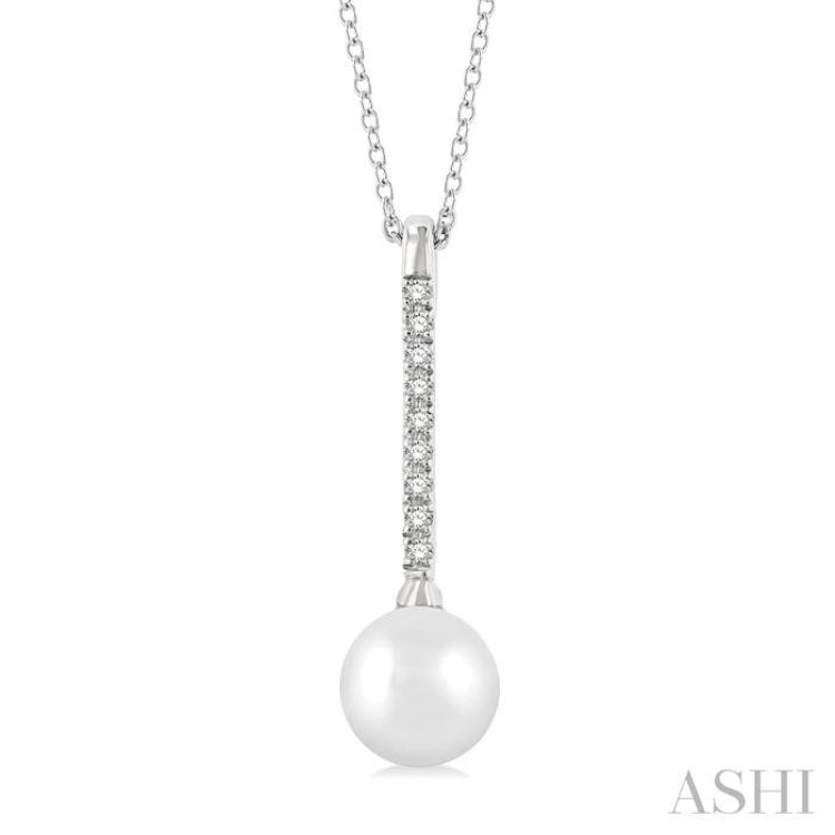 7 MM Round Shape Cultured Pearl and 1/10 ctw Petite Round Cut Diamond Fashion Pendant With Chain in 10K White Gold