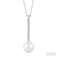 7 MM Round Shape Cultured Pearl and 1/10 ctw Petite Round Cut Diamond Fashion Pendant With Chain in 10K White Gold