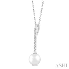7 MM Round Shape Cultured Pearl and 1/10 ctw Petite Round Cut Diamond Fashion Pendant With Chain in 10K White Gold