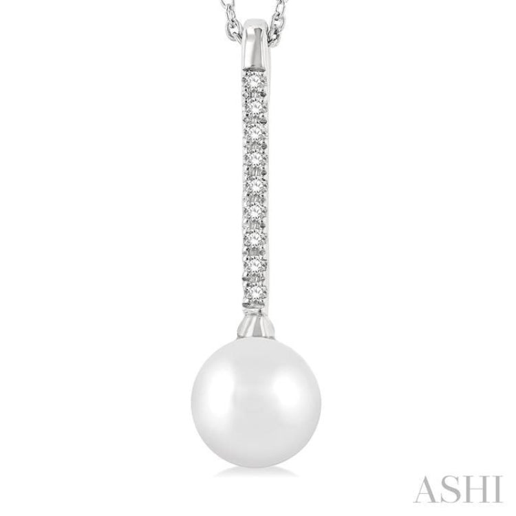 7 MM Round Shape Cultured Pearl and 1/10 ctw Petite Round Cut Diamond Fashion Pendant With Chain in 10K White Gold