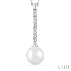 7 MM Round Shape Cultured Pearl and 1/10 ctw Petite Round Cut Diamond Fashion Pendant With Chain in 10K White Gold