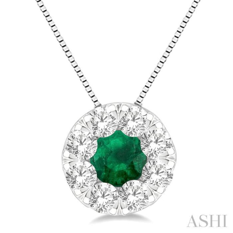 3.8 MM Emerald and 1/3 ctw Round Cut Cut Lovebright Diamond Precious Pendant With Chain in 14K White Gold