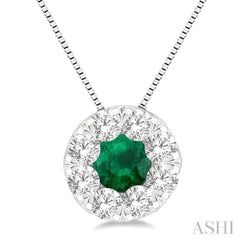3.8 MM Emerald and 1/3 ctw Round Cut Cut Lovebright Diamond Precious Pendant With Chain in 14K White Gold