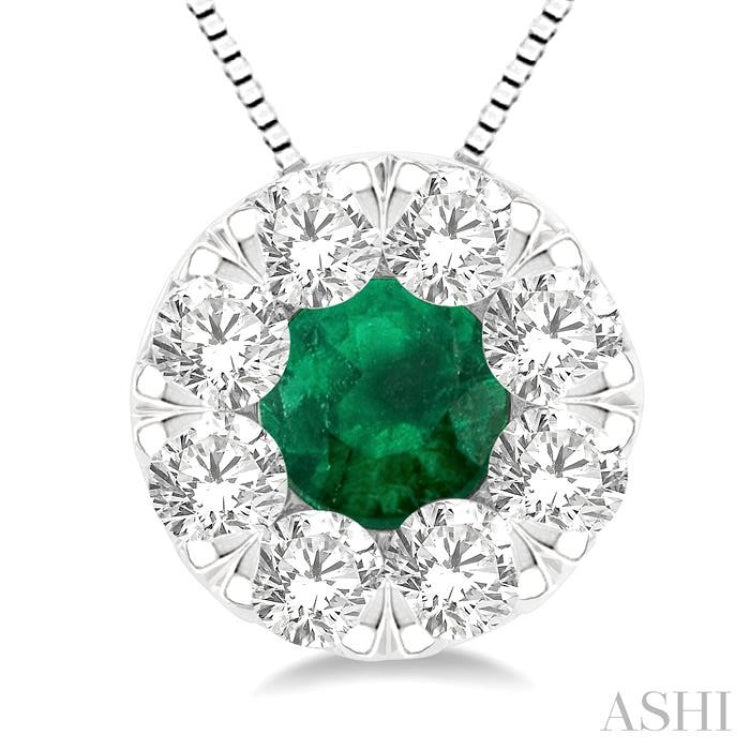 3.8 MM Emerald and 1/3 ctw Round Cut Cut Lovebright Diamond Precious Pendant With Chain in 14K White Gold