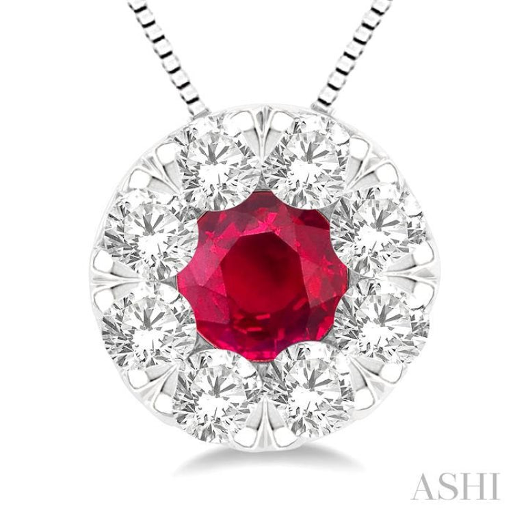3.8 MM Ruby and 1/3 ctw Round Cut Cut Lovebright Diamond Precious Pendant With Chain in 14K White Gold