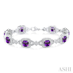 7X7 MM Cushion Shape Amethyst and 1/10 ctw Round Cut Diamond Semi Precious Bracelet in Sterling Silver