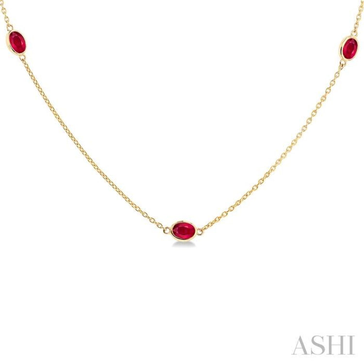 4x3 MM Oval Cut Ruby Precious Station Necklace in 14K Yellow Gold