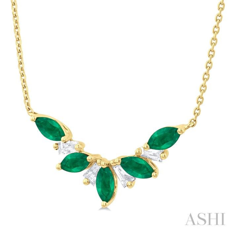 5x2.5 MM Marquise Cut Emerald and 1/6 ctw Baguette Cut Diamond Precious Gemstone Necklace in 14K Yellow Gold