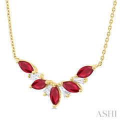 5x2.5 MM Marquise Cut Ruby and 1/6 ctw Baguette Cut Diamond Precious Gemstone Necklace in 14K Yellow Gold