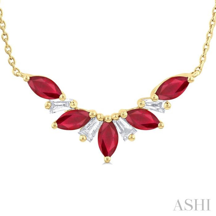 5x2.5 MM Marquise Cut Ruby and 1/6 ctw Baguette Cut Diamond Precious Gemstone Necklace in 14K Yellow Gold