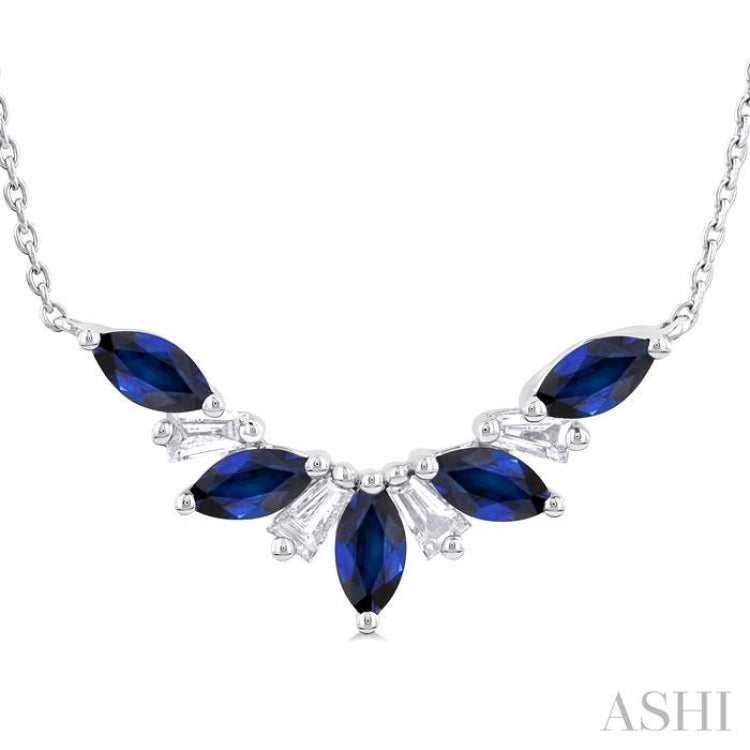 5x2.5 MM Marquise Cut Sapphire and 1/6 ctw Baguette Cut Diamond Precious Gemstone Necklace in 14K White Gold