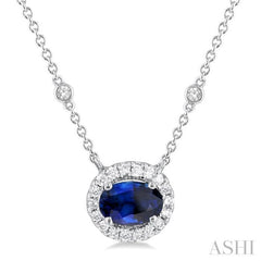 6x4 MM Oval Cut Sapphire and 1/6 ctw Round Cut Diamond East West Halo Precious Necklace in 14K White Gold
