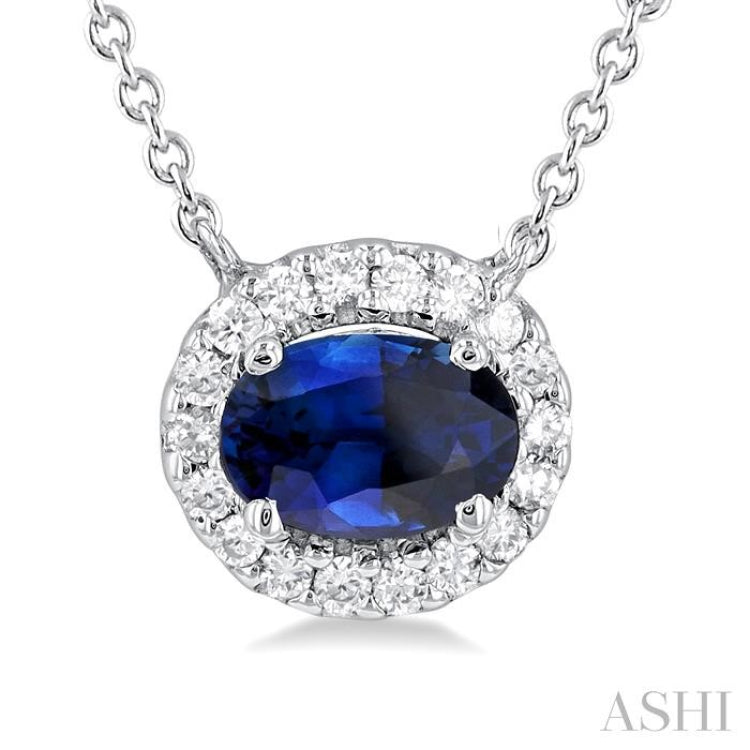 6x4 MM Oval Cut Sapphire and 1/6 ctw Round Cut Diamond East West Halo Precious Necklace in 14K White Gold