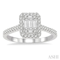 5/8 ctw Emerald Shape Baguette and Round Cut Diamond Ring in 14K White Gold