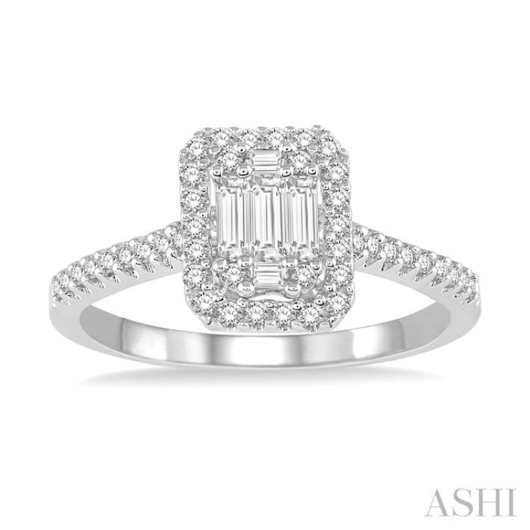 3/8 ctw Emerald Shape Fusion Baguette and Round Cut Diamond Ring in 14K White Gold