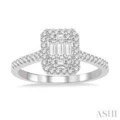 3/8 ctw Emerald Shape Fusion Baguette and Round Cut Diamond Ring in 14K White Gold