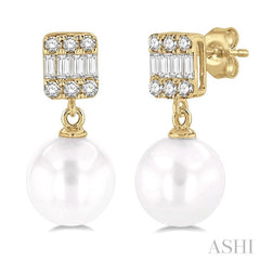 6 MM Cultured Pearls and 1/10 ctw Baguette and Single Cut Diamond Earrings in 10K Yellow Gold