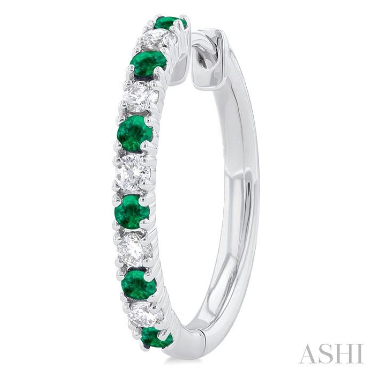 1.80 MM Round Shape Emerald and 1/4 ctw Round Cut Diamond Precious Hoop Earring in 10K White Gold