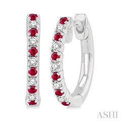 1.35 MM Round Shape Ruby and 1/10 ctw Round Cut Diamond Petite Precious Fashion Huggies in 10K White Gold