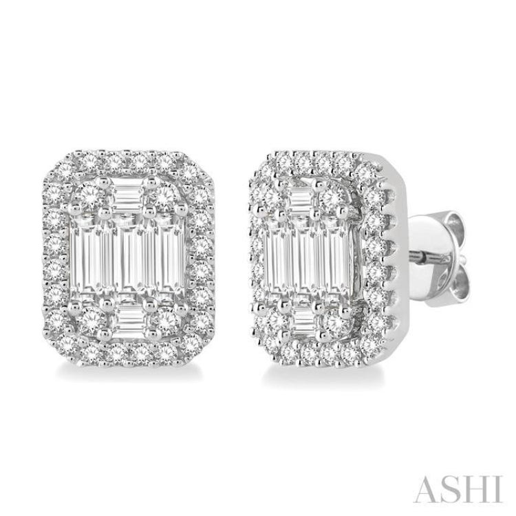 1 ctw Octagonal Baguette & Round Cut Diamond Stud Earrings in 14K White Gold