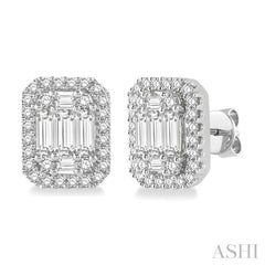 1 ctw Octagonal Baguette & Round Cut Diamond Stud Earrings in 14K White Gold
