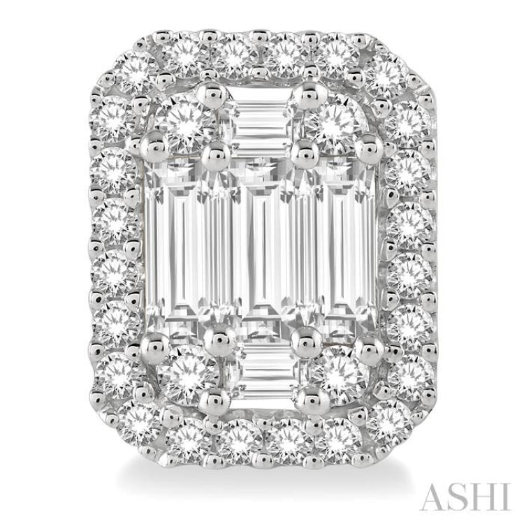 1 ctw Octagonal Baguette & Round Cut Diamond Stud Earrings in 14K White Gold