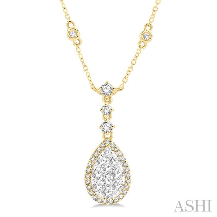 1 ctw Pear Shape Round Cut Diamond Lovebright Necklace in 14K Yellow and White Gold